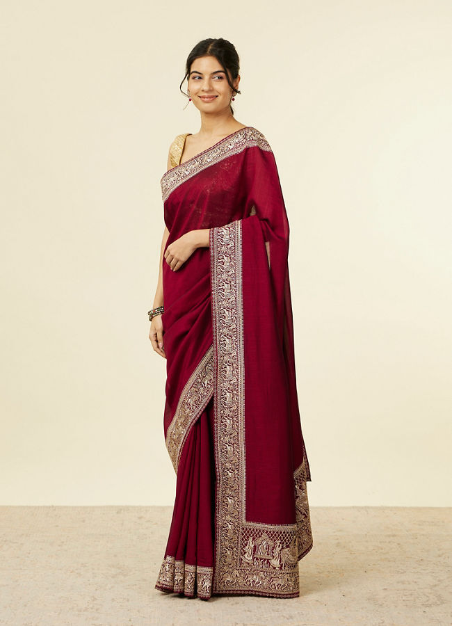 alt message - Mohey Women Royal Wine Doli Baraat Patterned Saree image number 3